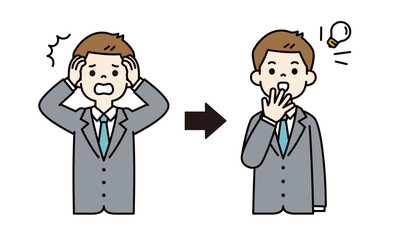 失敗の解決方法を思いついた、若いビジネスマンのベクターイラスト素材＿線幅の編集可能＿カラー