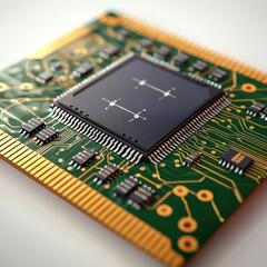 Microcontroller on green circuit board with gold connectors