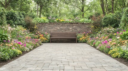 Serene garden park bench, flowerbeds, pathway