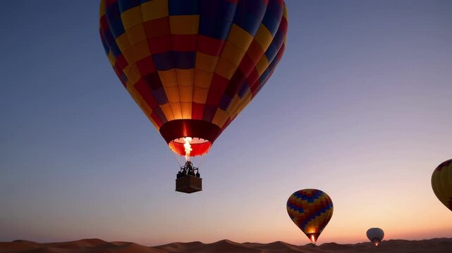 Aerial video captures colorful hot air balloons floating over desert dunes at sunset, showcasing a serene and adventurous perspective.