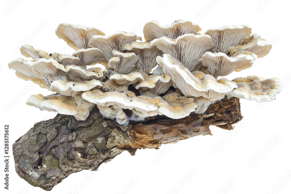 Poster captivating fungal growth on tree log showcasing intricate patterns and texture