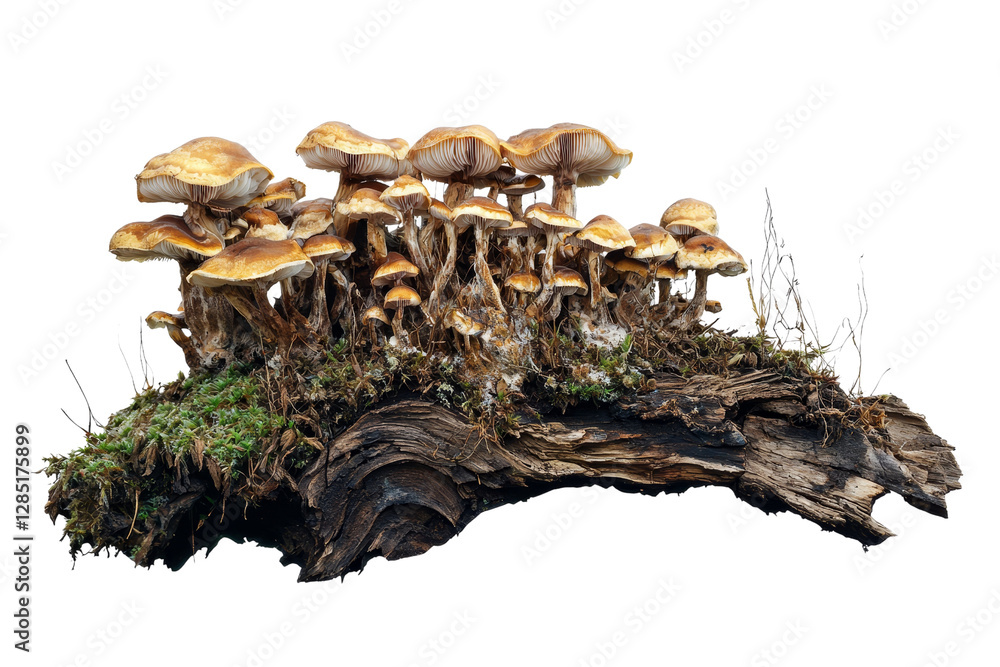 Poster cluster of wild mushrooms growing on log surrounded by moss and grass