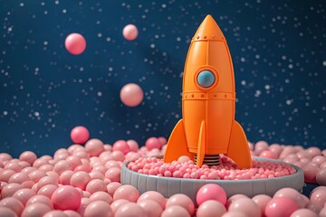 Naklejka premium Orange toy rocket launching from a platform surrounded by pink balls against a starry blue background, startup, innovation, success, exploration concept