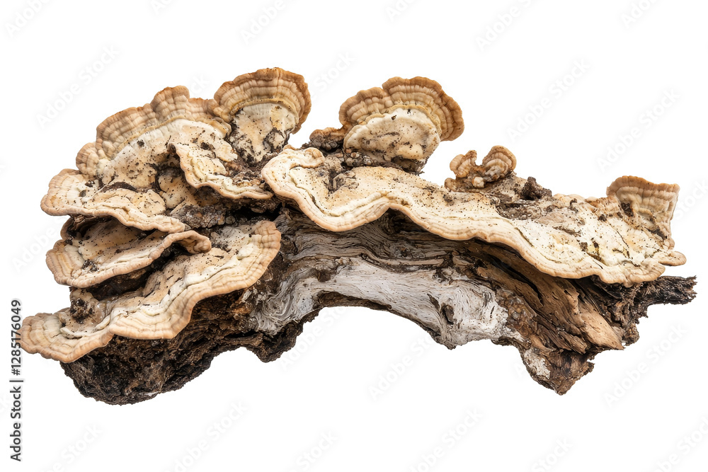 Poster detailed close-up of fungi growth on rustic log with unique textures