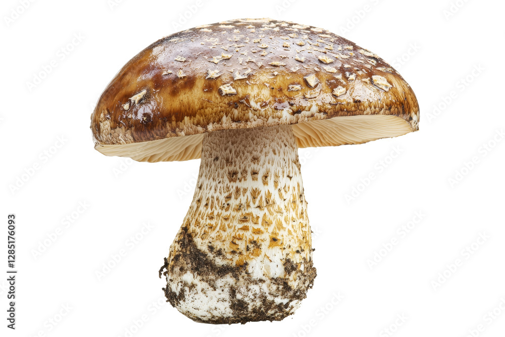 Poster fresh edible mushroom with unique cap and stem structure on white background