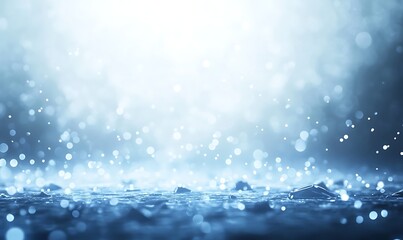 Gentle rain creates a serene, sparkling blue atmosphere with light reflections on a wet surface.