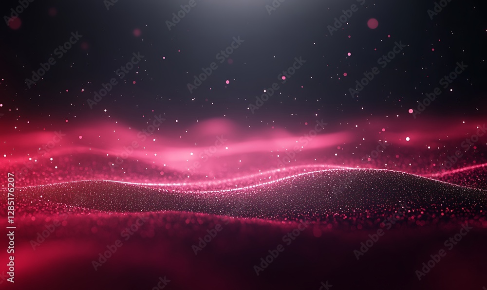 Poster abstract waves in shades of red with sparkling particles against a dark background.