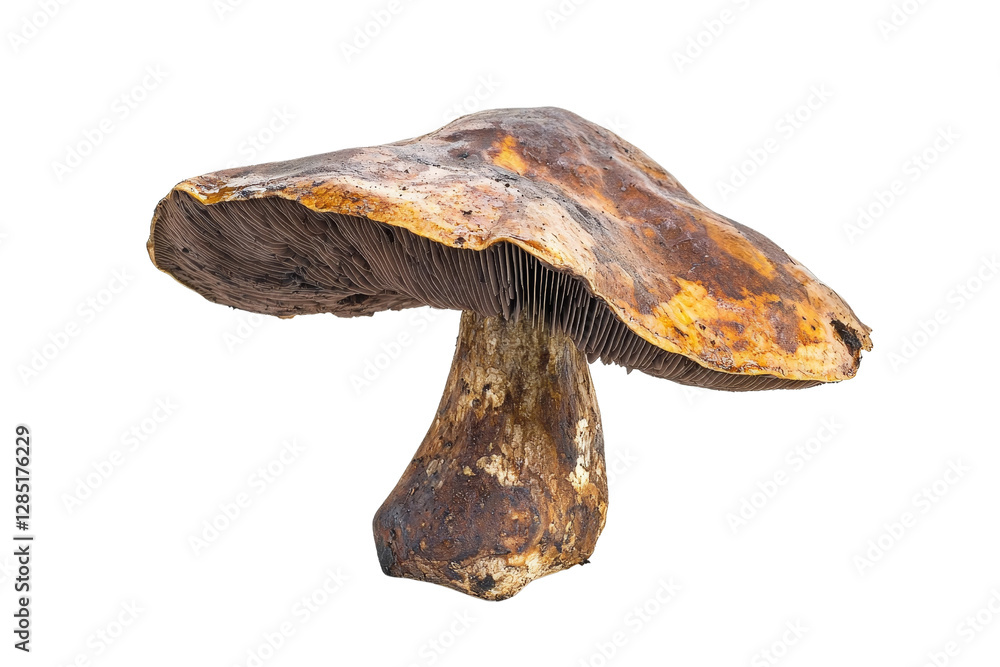 Poster unique edible mushroom on isolated background with textured cap and gills