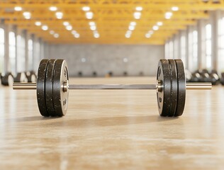 Barbell With Weights on Polished Concrete Floor in Bright Gym