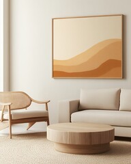 Beige and Brown Abstract Landscape Painting in Minimalist Living Room