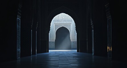 Fototapeta premium A photograph of an Islamic archway in the dark, with light shining through from the interior. The arch is constructed of white and black mosaics that form geometric patterns.