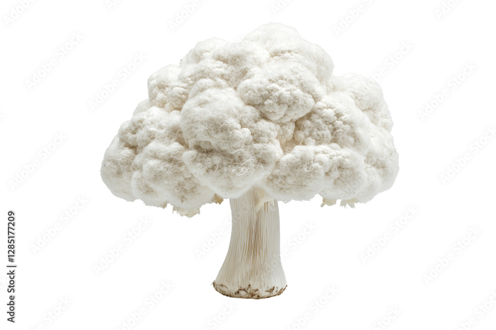 Poster white cauliflower head resembling a tree with fluffy texture and details
