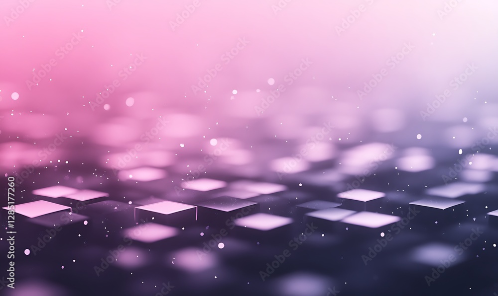 Poster Abstract gradient background with floating squares and soft bokeh effect in pink and purple tones.
