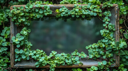 Aged wooden frame overgrown with greenery