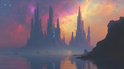 Naklejka premium Alien City by a Misty Sea at Sunset