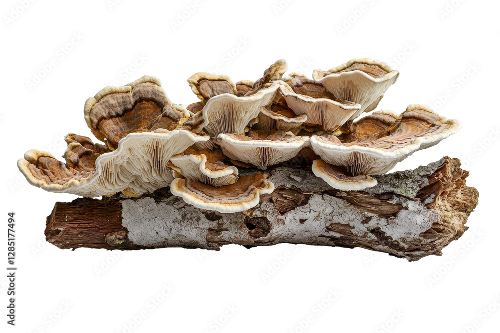 Poster colorful polypore mushrooms growing on a tree log in natural environment