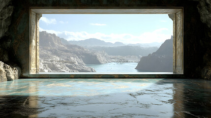 Ancient cave room with mountain vista