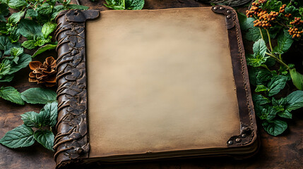 Ancient herbal book, surrounded by herbs