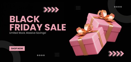 Gift Certificate "Black Friday Sale" in Black, Pink, and Gold Tones with Cute Pink Gift Boxes, Stylish and Festive Design