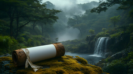 Ancient scroll in misty rainforest by waterfall