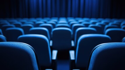 Obraz premium Empty Theater Seating in Blue Lighting with Dark Curtain Background