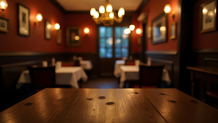 Warm and inviting restaurant interior with wooden tables and cozy, elegant decor.