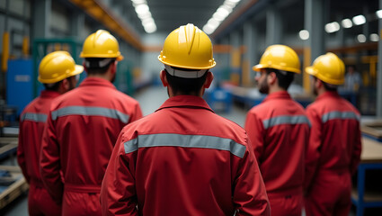 Five workers in red uniforms and yellow helmets standing in a factory, facing away from the camera.