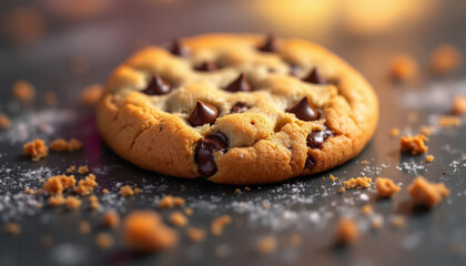 A delectable chocolate chip cookie sits appetizingly on a surface