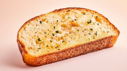 Close-up of a perfectly toasted slice of garlic bread, showcasing its golden crust, rustic texture.