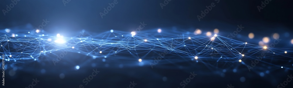 Poster abstract digital landscape with glowing nodes and connections in a dark blue environment.