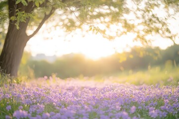 Obraz premium Serene Sunset Landscape with Purple Wildflowers and Tree