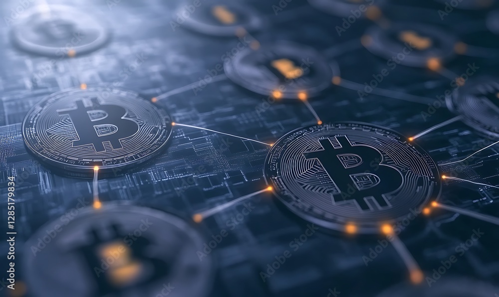 Leinwandbilder Abstract digital representation of cryptocurrency connectivity with Bitcoin symbols and circuit patterns.