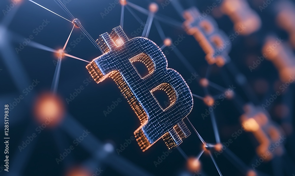 Fototapete digital representation of bitcoin symbol connected through a network of nodes.