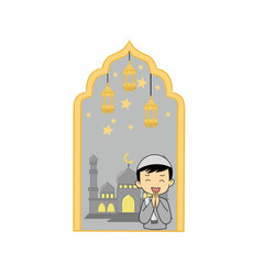vector illustration with the theme of the month of Ramadan, a boy dressed in Muslim clothes with a mosque background and decorated with lanterns and stars