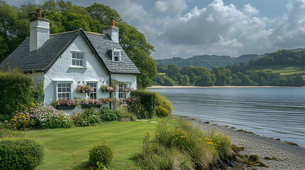 Charming cottage by river, sunny day