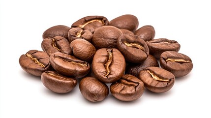 Naklejka premium Close-up of Aromatic Roasted Coffee Beans: Rich Brown Hues and Intricate Textures Against a Clean White Background