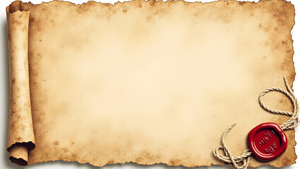 An antique parchment scroll with a red wax seal, tied with string, evoking historical elegance.