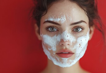 Fototapeta premium Person with Dark Hair Against Vibrant Red Background