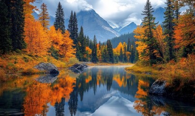tranquil mountain river surrounded by autumn trees with leaves reflecting on the waters surface, Generative AI