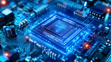 Fototapeta premium Quantum computer core with a glowing quantum chip suspended in a dark background, emitting a futuristic tech aura, ideal for showcasing advanced technology and innovation in quantum computing.