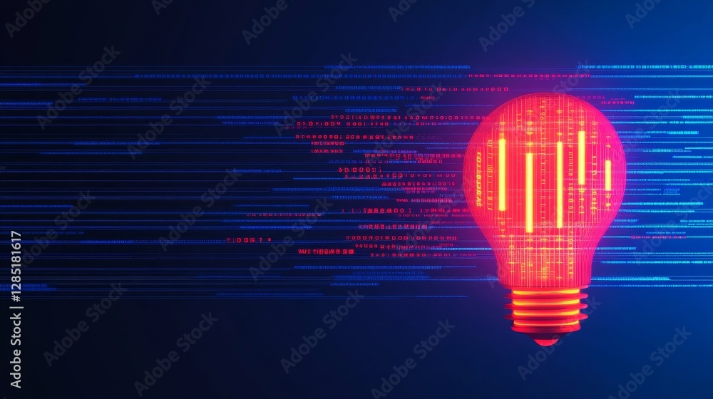 Poster abstract light bulb with digital data stream in red and blue colors