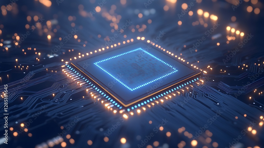 Poster Futuristic microchip with glowing circuitry and lights on a dark background.