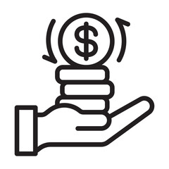 Minimalist outline icon of a hand holding stacked coins with a dollar sign symbolizing investment, financial growth, and money management. Perfect for finance and business concepts.