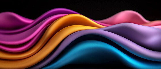 Naklejka premium Elegant Multicolored Waves of Silk Fabric Texture in Motion Against a Dark Backdrop of Undulating Color Swirls