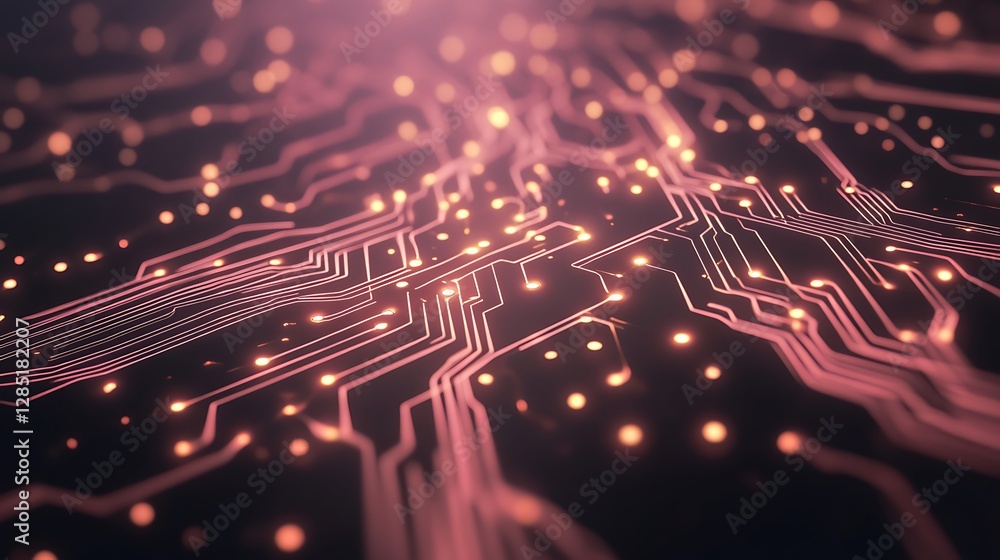 Poster abstract circuit board pattern with glowing lines and dots in a vibrant color scheme.