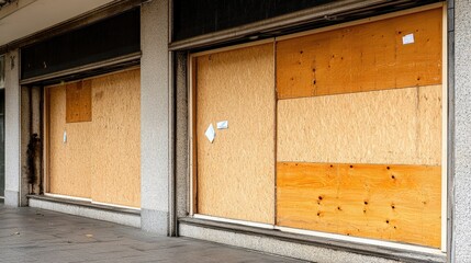 Abandoned storefront with boarded windows in urban environment showcasing neglect