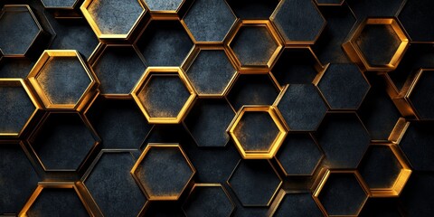 Abstract gold hexagons arranged in a 3D design on a black background, creating a futuristic look, Generative AI