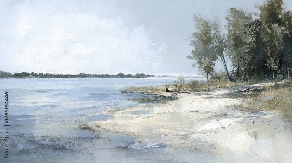 Poster serene shoreline at dusk with gentle waves and lush trees in soft color palette