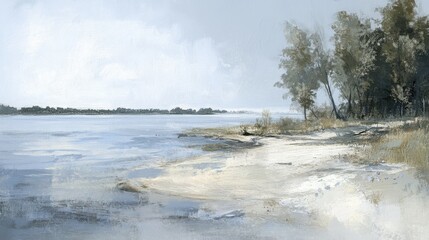 Serene Shoreline at Dusk with Gentle Waves and Lush Trees in Soft Color Palette