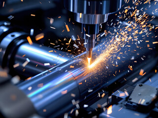 High-tech laser cutting machine in action, sparks flying, precision manufacturing process.